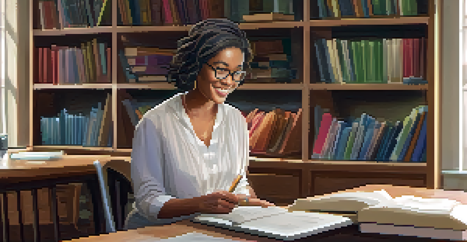 A teacher using a tablet in a cozy space, smiling while reviewing a lesson plan, with a bookshelf of educational resources behind her.