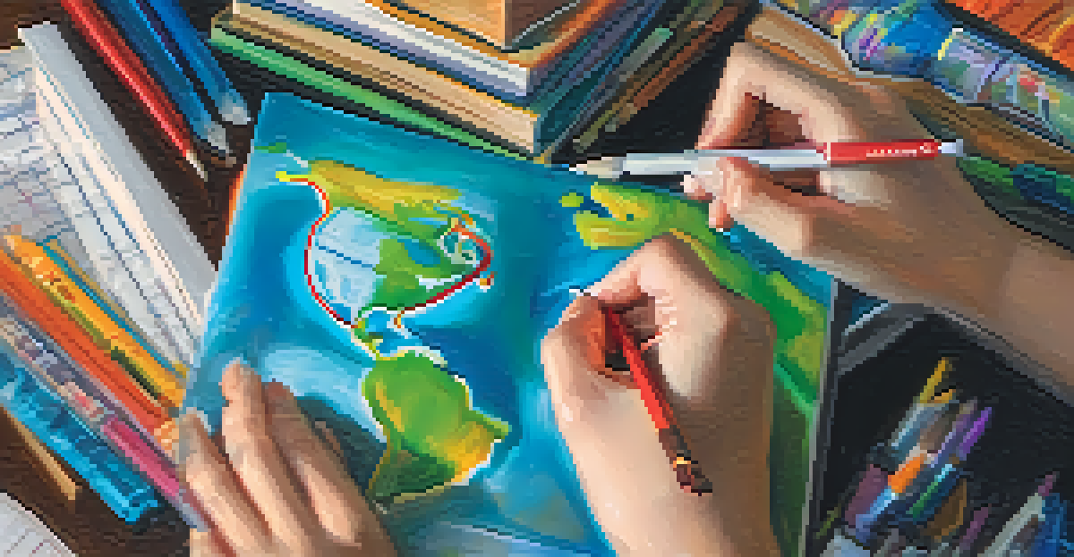 A close-up of a student's hands writing questions on a notepad with educational materials around, symbolizing curiosity.