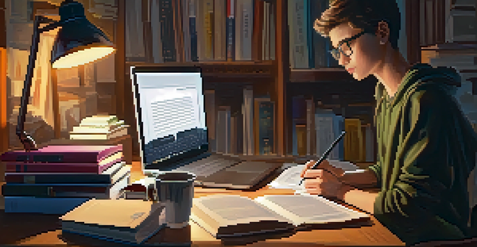 A student intensely studying on a laptop in a warm, inviting study area filled with books and notes.