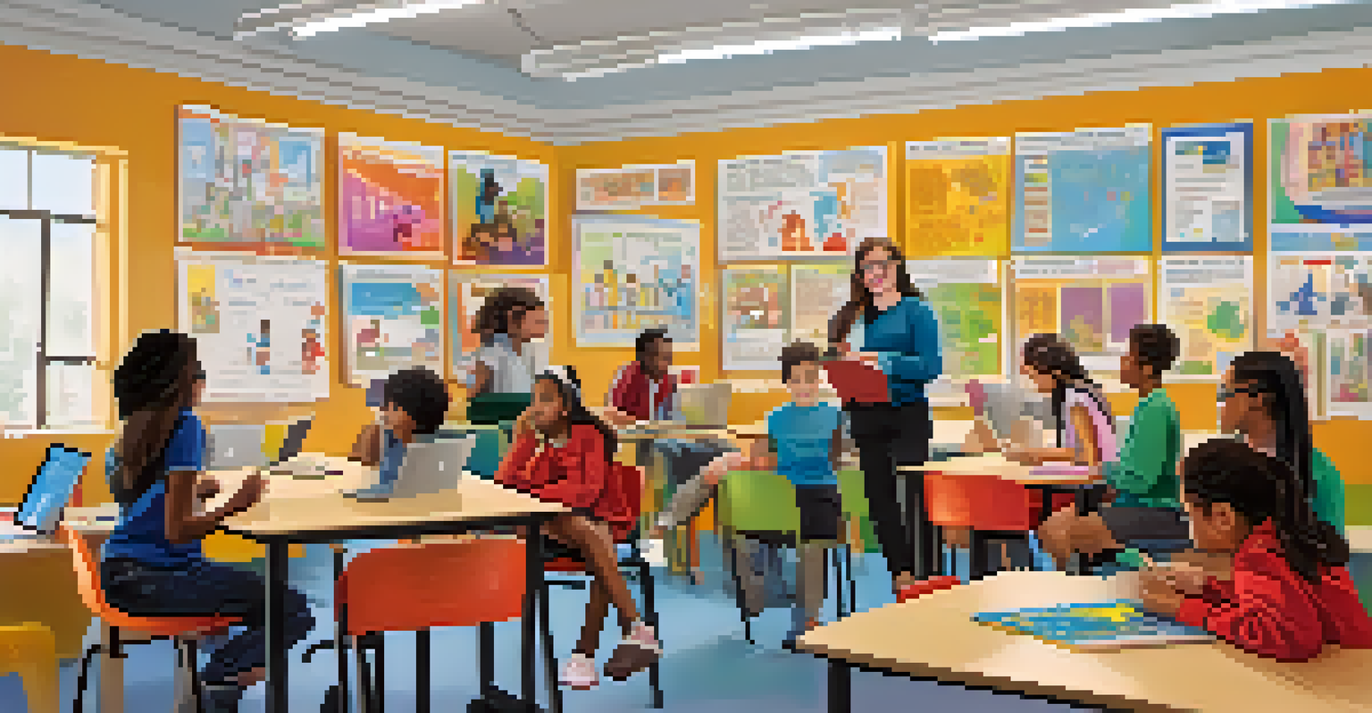 A diverse group of students in a classroom, collaborating with mobile devices under the guidance of a teacher.