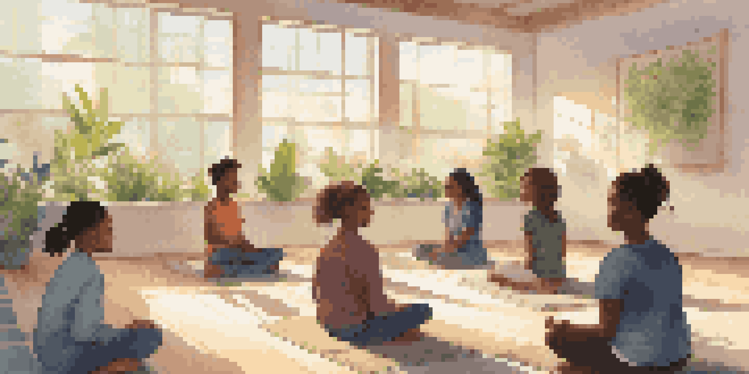 A bright classroom filled with diverse students practicing mindfulness, sitting cross-legged with their eyes closed, surrounded by plants and calming decor.