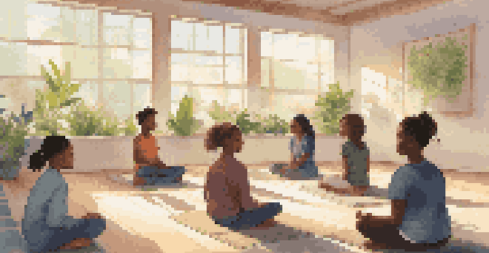 A bright classroom filled with diverse students practicing mindfulness, sitting cross-legged with their eyes closed, surrounded by plants and calming decor.
