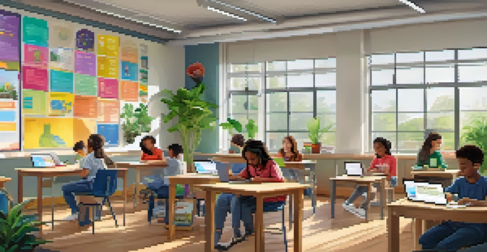 A bright classroom with diverse students using laptops, tablets, and notebooks for digital learning, with colorful posters and plants around.