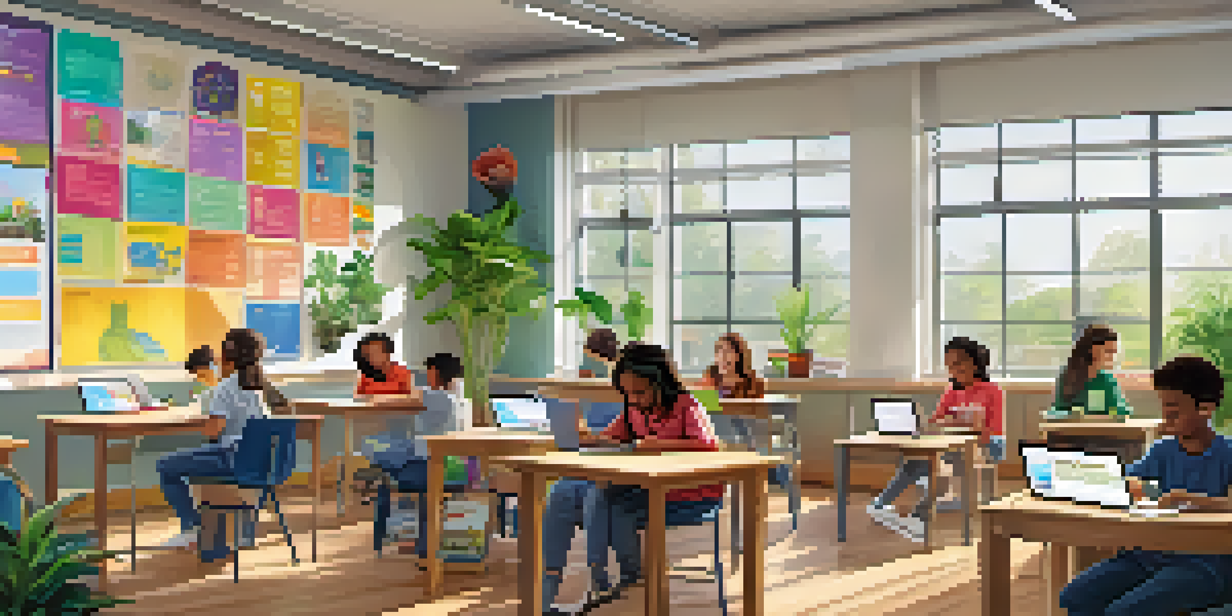 A bright classroom with diverse students using laptops, tablets, and notebooks for digital learning, with colorful posters and plants around.
