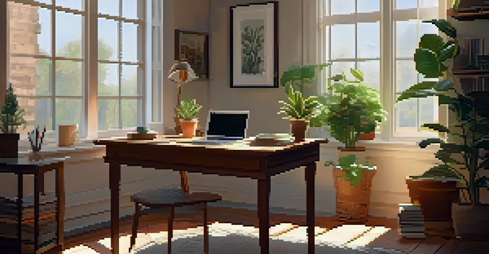 A cozy home office with a wooden desk, laptop, books, coffee, and a plant, illuminated by soft afternoon sunlight.