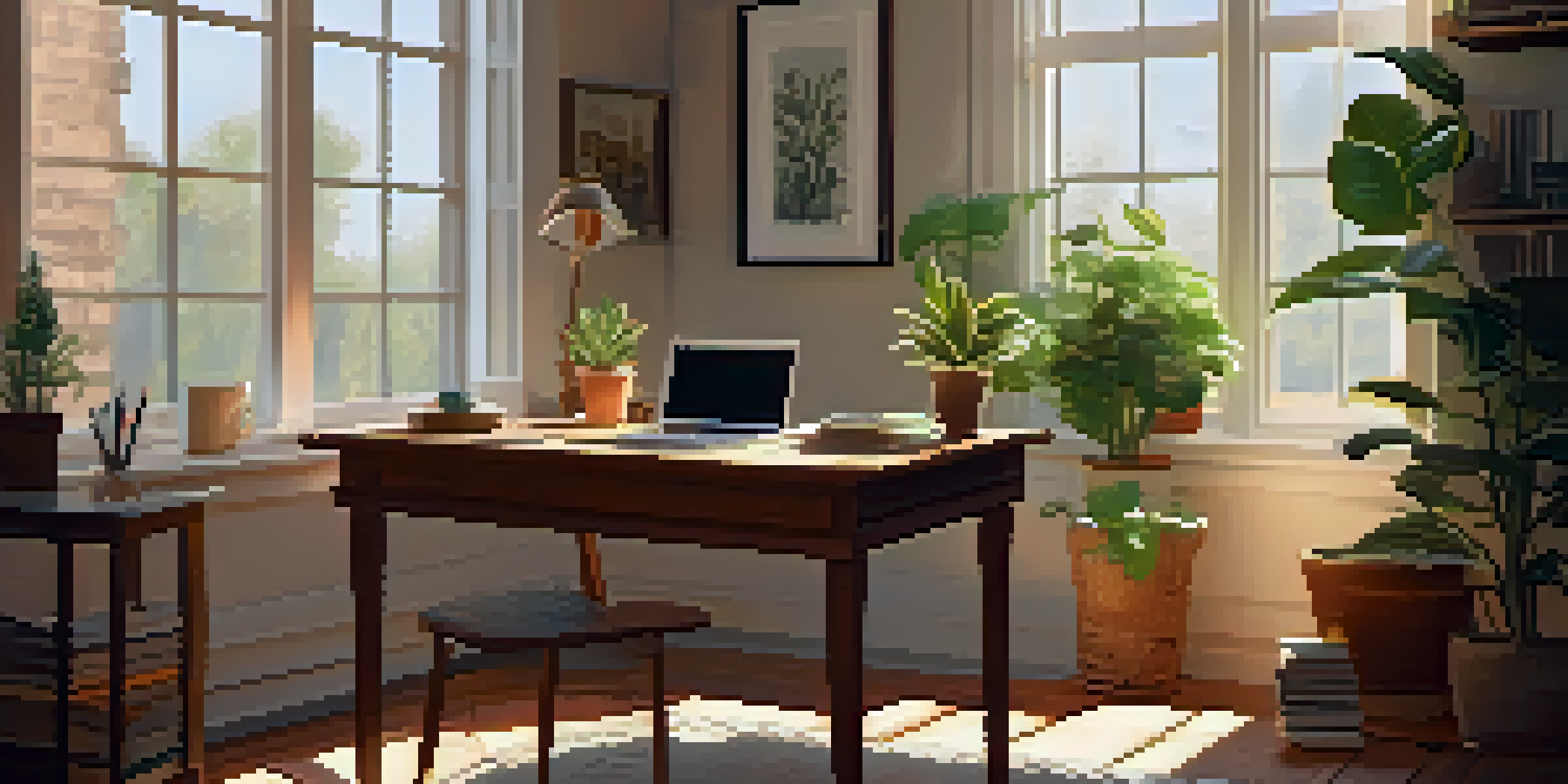 A cozy home office with a wooden desk, laptop, books, coffee, and a plant, illuminated by soft afternoon sunlight.
