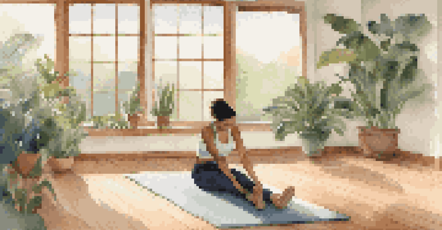 A person stretching on a mat in an indoor room filled with natural light and green plants.