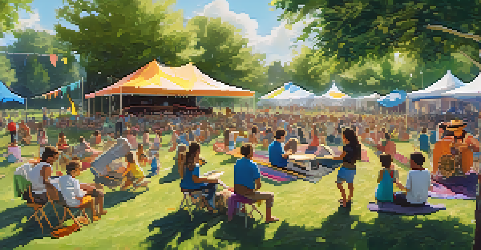 A lively outdoor music festival in a park with families enjoying performances and children dancing.