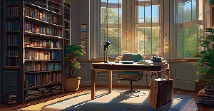 A study room with books and a holographic AI tutor helping a student at a desk, illuminated by a warm lamp.