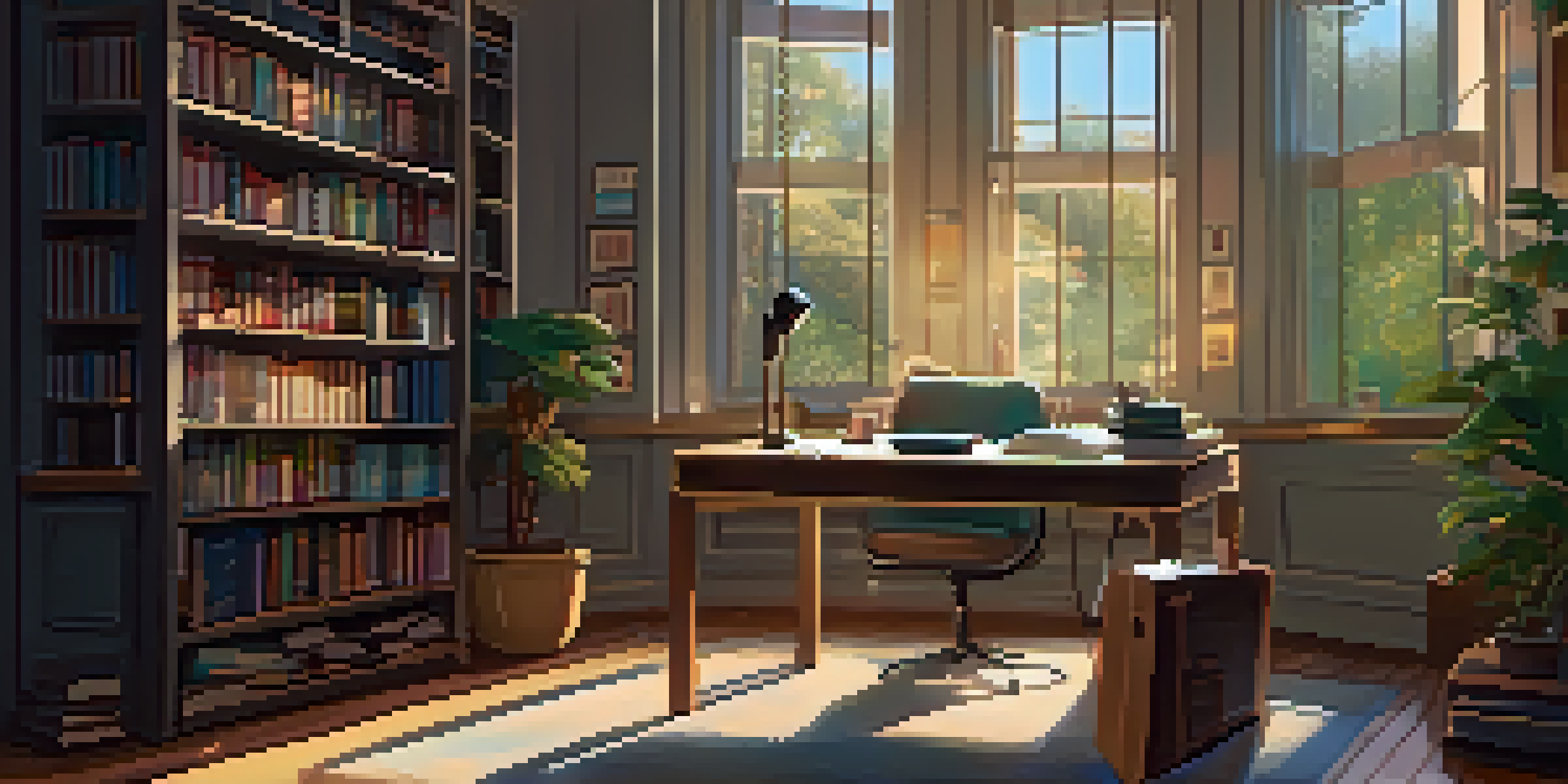 A study room with books and a holographic AI tutor helping a student at a desk, illuminated by a warm lamp.