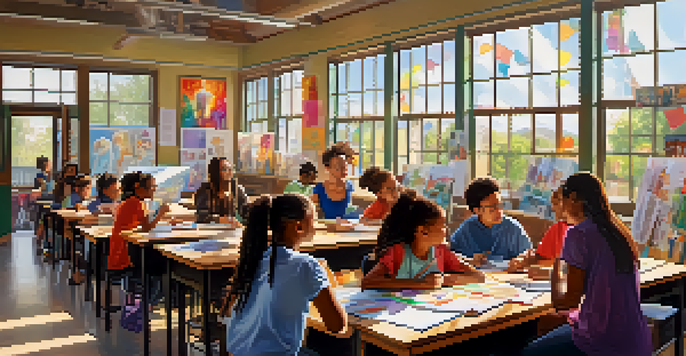 A lively classroom with students of various backgrounds collaborating on a project, surrounded by art supplies and vibrant decorations, with sunlight streaming in.