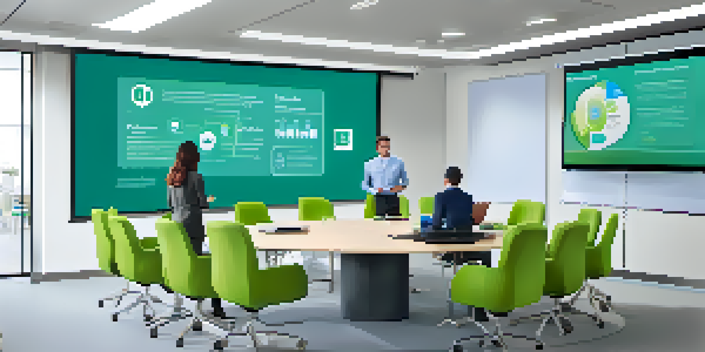 A bright office training room with employees engaged in a microlearning session about health and safety, with a large screen and interactive elements.