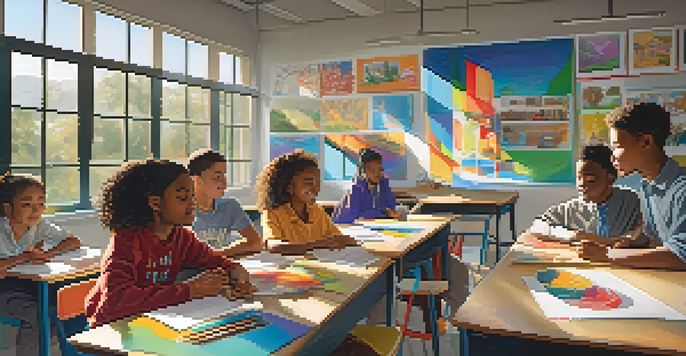 A diverse group of students collaborating in a bright classroom, surrounded by educational materials and sunlight.