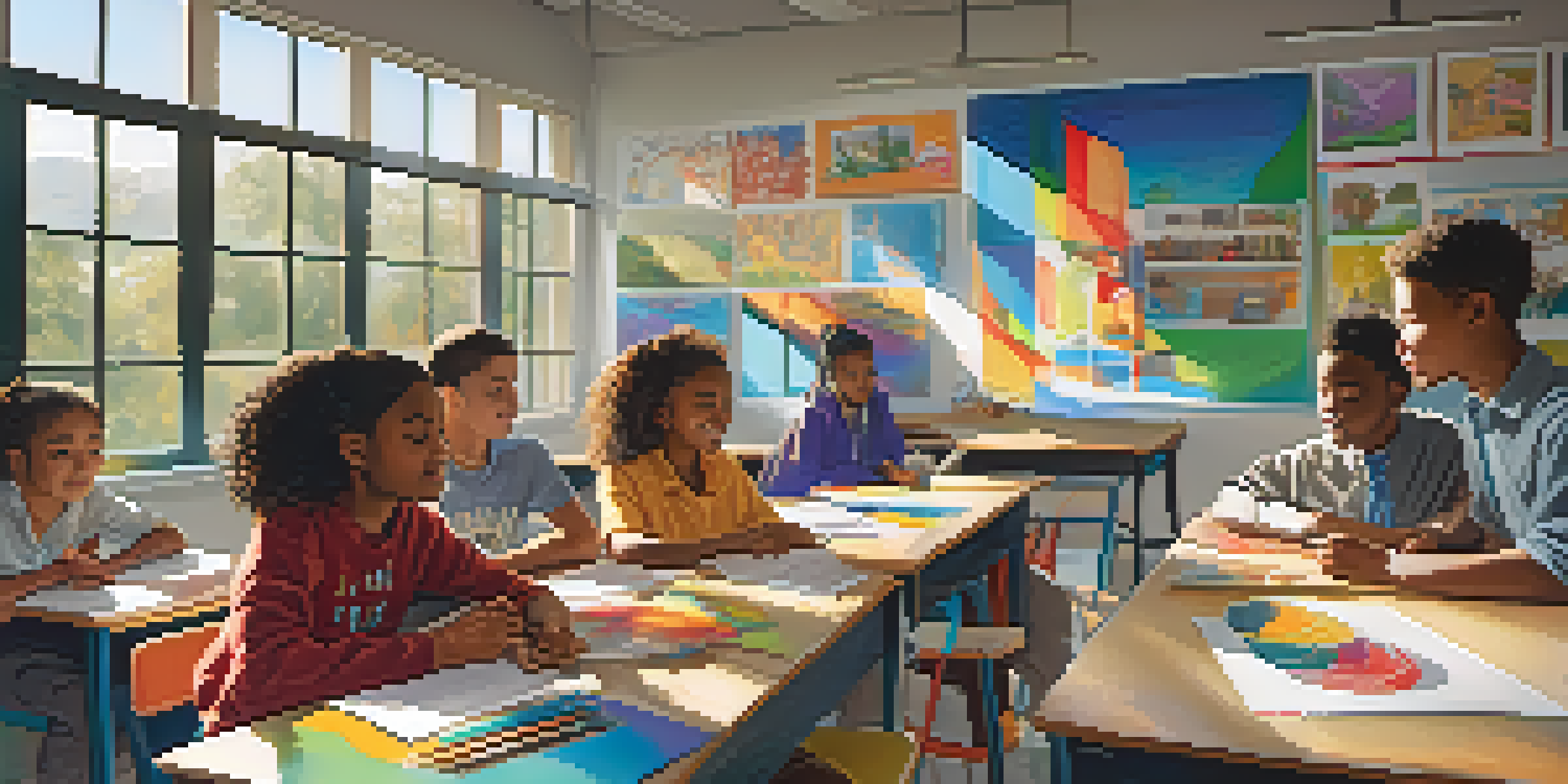 A diverse group of students collaborating in a bright classroom, surrounded by educational materials and sunlight.