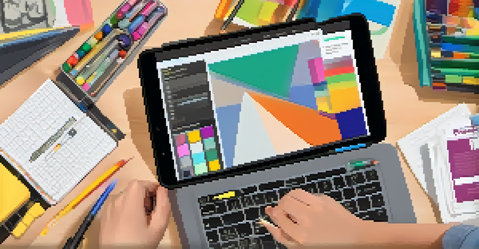 A close-up of a student's hands on a tablet, creating a digital storytelling project, with a cluttered desk full of art supplies and books in the background.