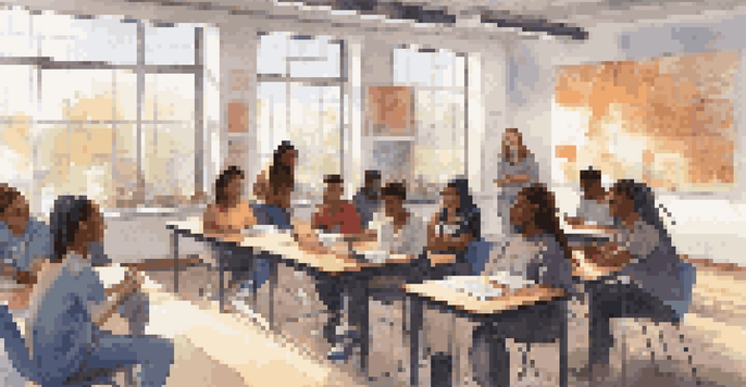 A diverse group of high school students engaged in a discussion about digital equity in a well-lit classroom filled with technology.