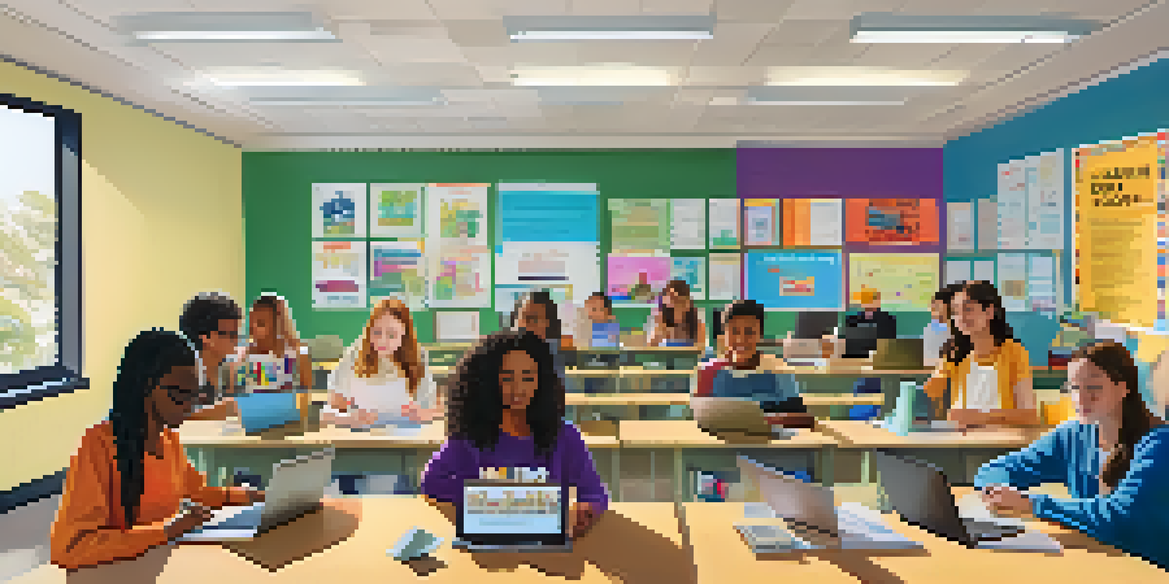 A diverse group of students participating in an online learning session, with laptops and colorful educational materials around them.