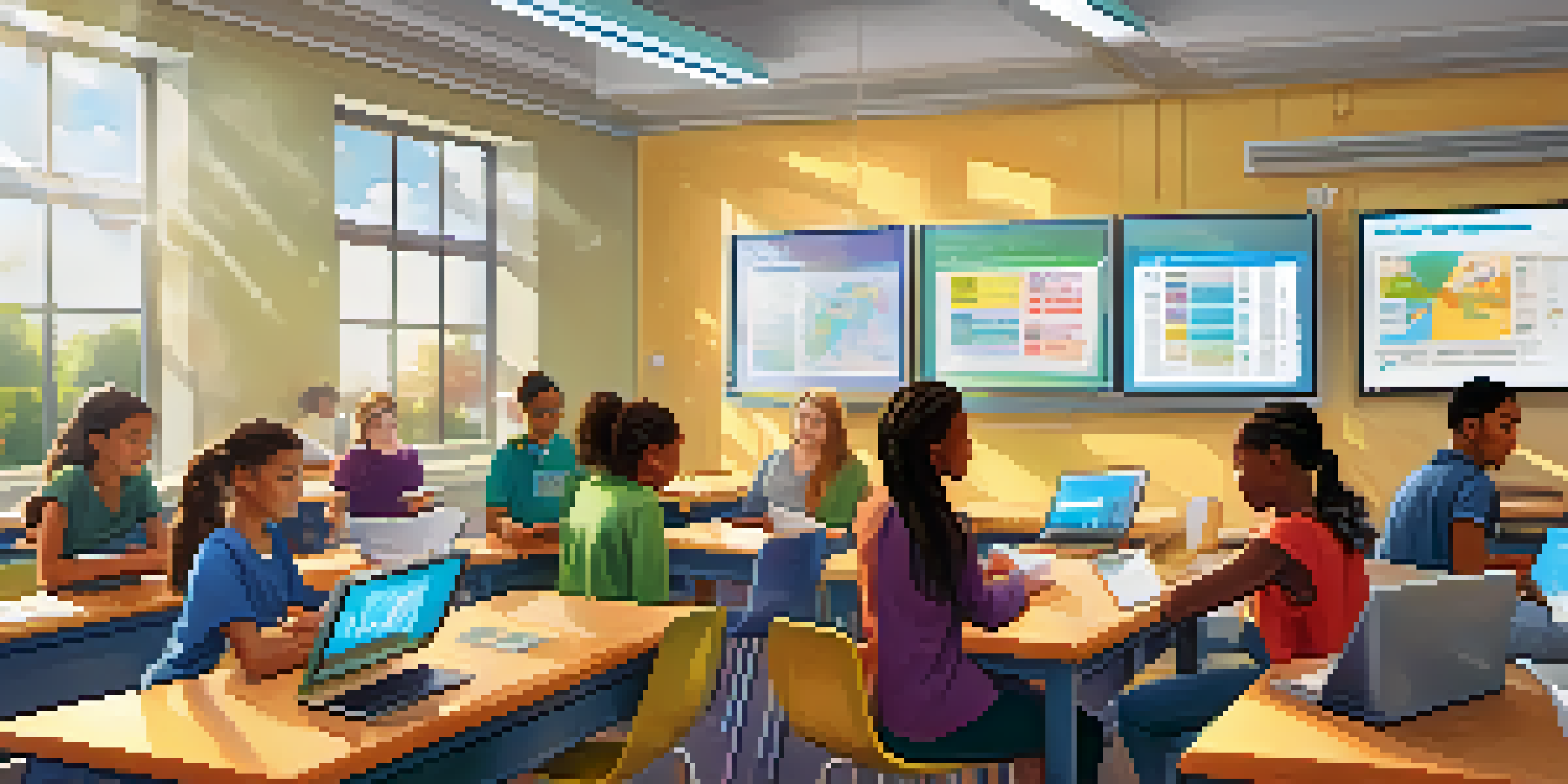 A classroom scene with diverse students engaged in personalized learning, a teacher using a digital tablet, and bright educational posters.