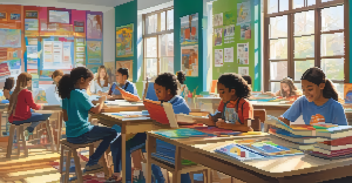 A lively classroom with students from diverse backgrounds collaborating on a project, surrounded by art supplies and colorful educational posters.