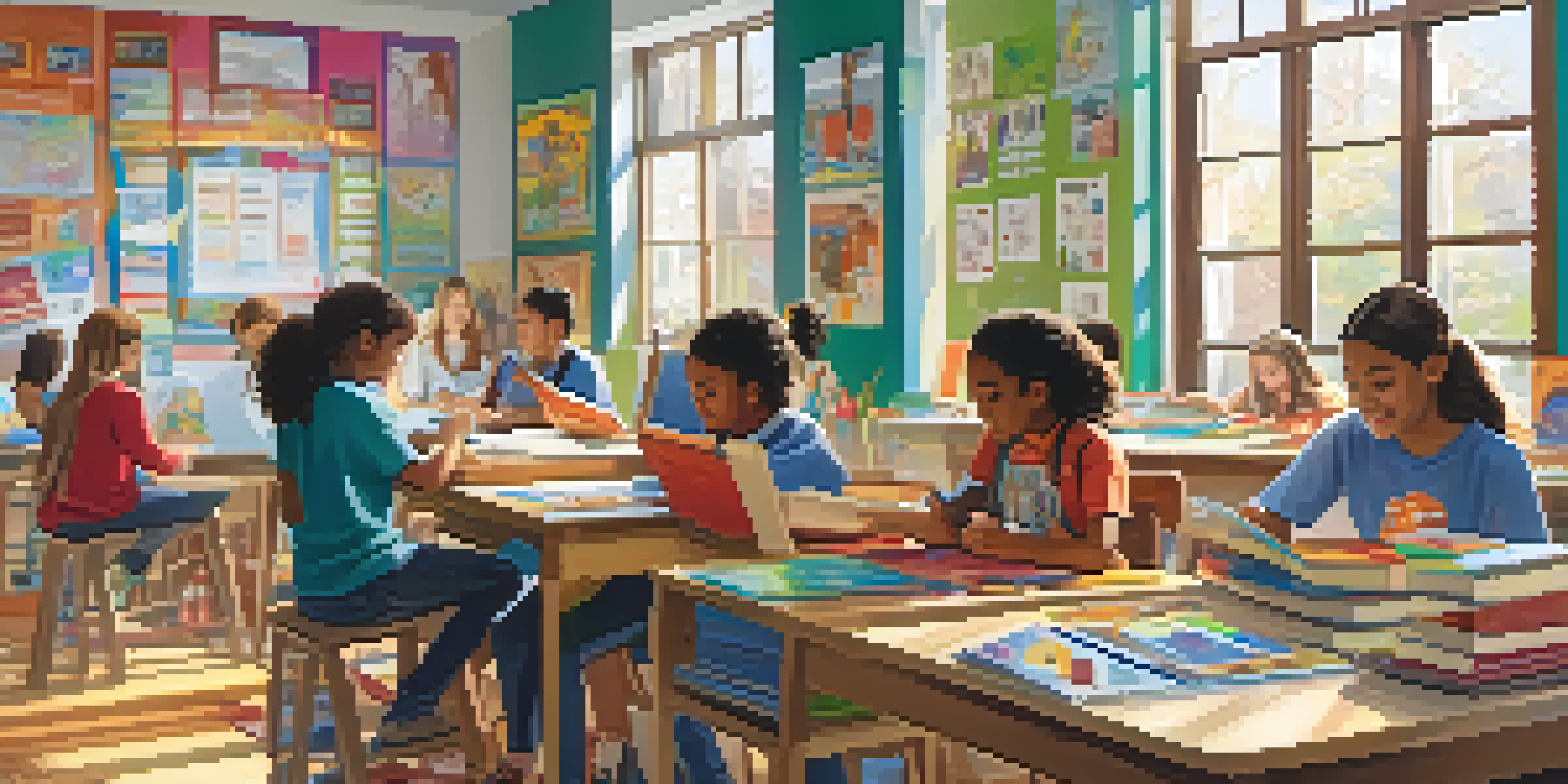 A lively classroom with students from diverse backgrounds collaborating on a project, surrounded by art supplies and colorful educational posters.