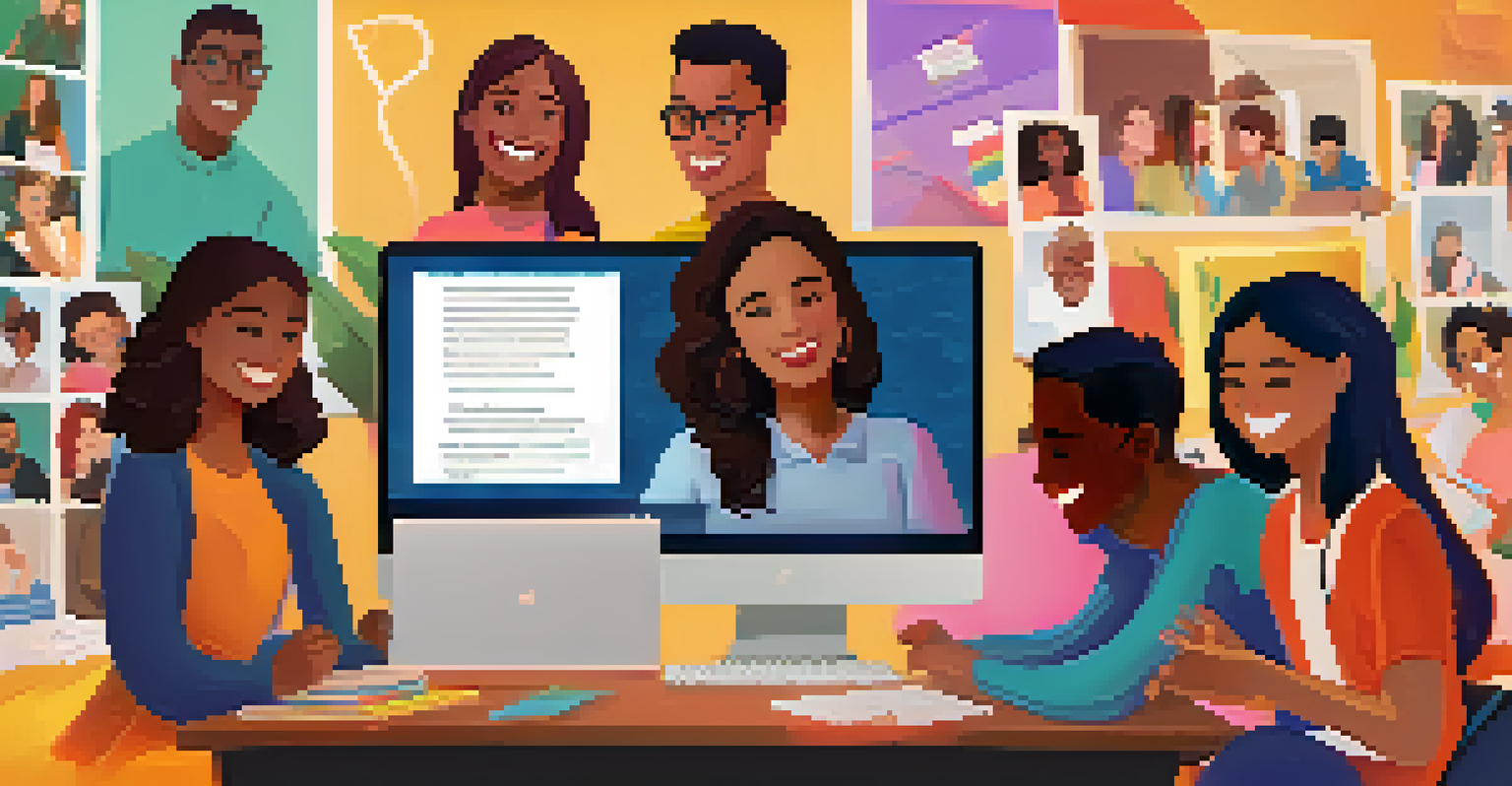 A computer screen displaying a lively virtual study group with students smiling and sharing ideas from their respective homes.