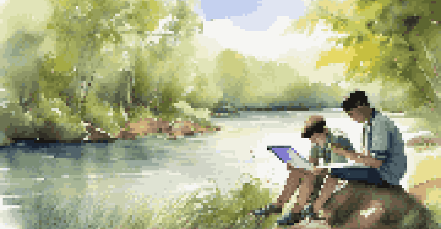 Students collecting data for an environmental science project by a river, surrounded by nature.