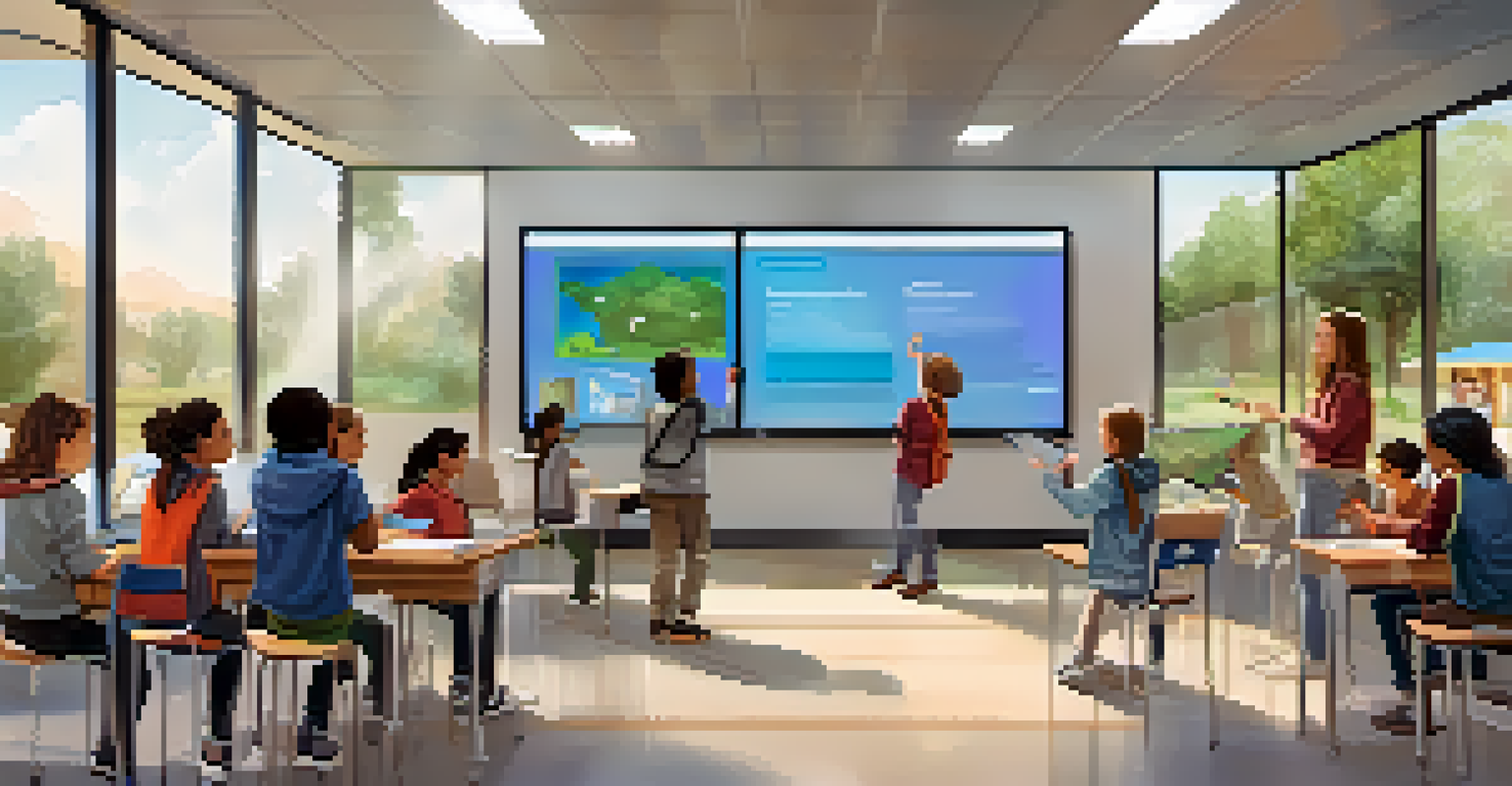 Students in a bright classroom using digital tablets to create their own stories, collaborating joyfully.