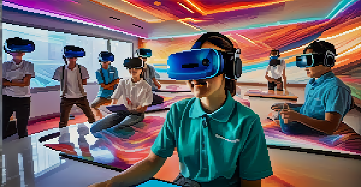 Students in a futuristic classroom wearing virtual reality headsets, surrounded by colorful technology and holographic educational content.