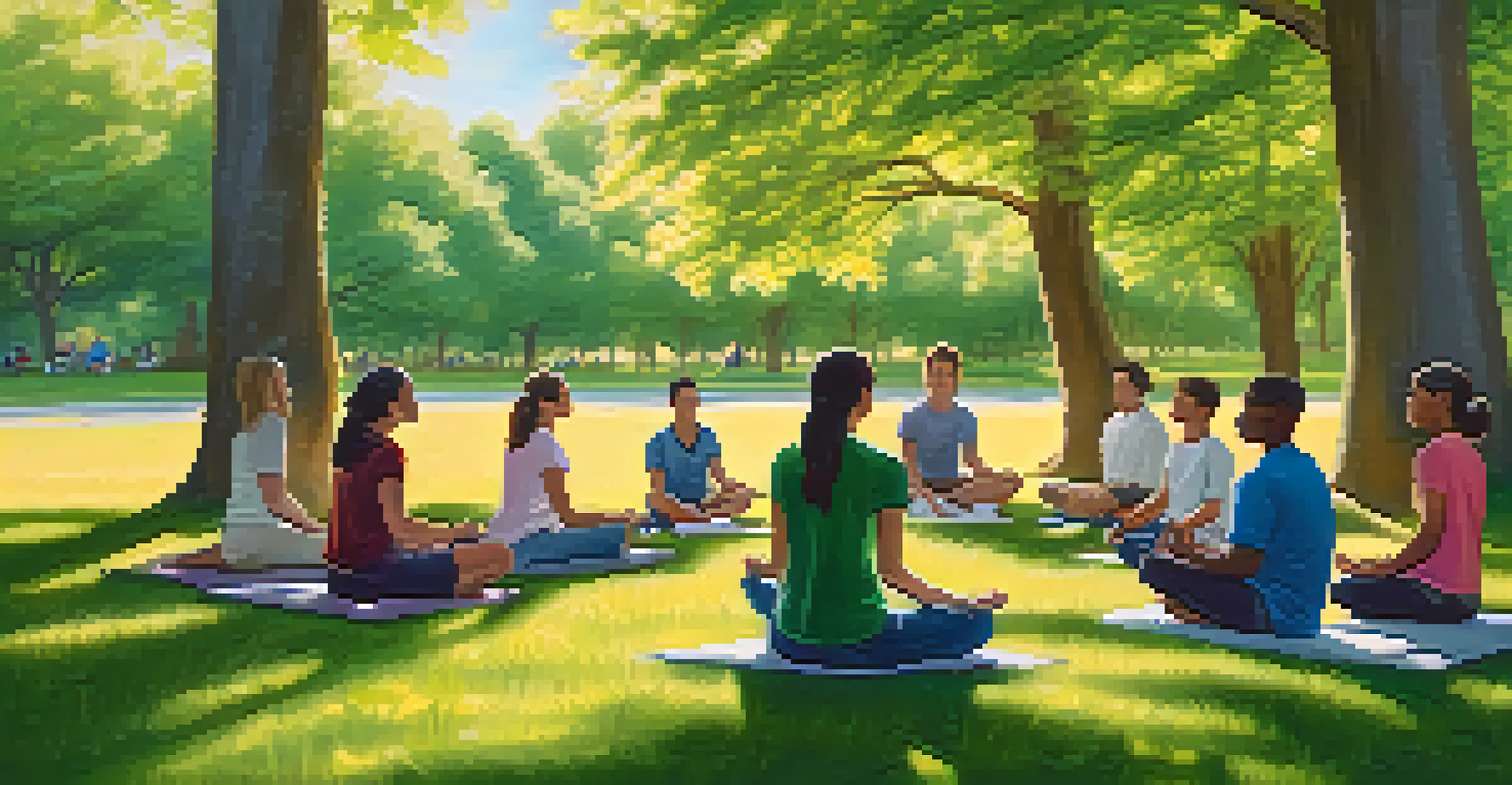 Students practicing mindfulness outdoors, seated in a semi-circle with peaceful expressions in a sunny green setting.