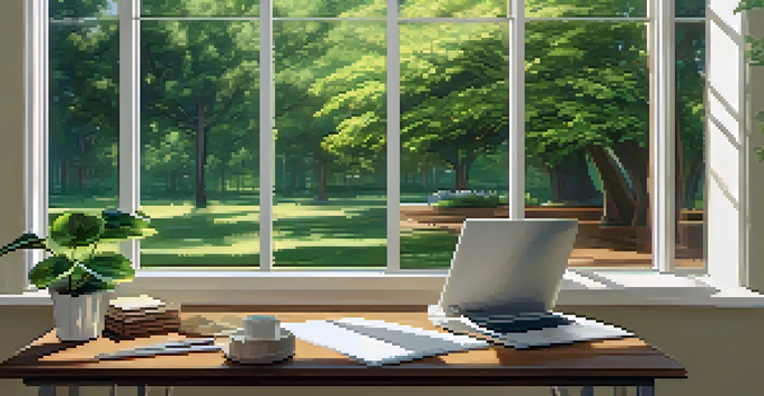 A bright and inviting office workspace featuring a laptop, notepad, and coffee cup, with a view of a green tree outside the window.