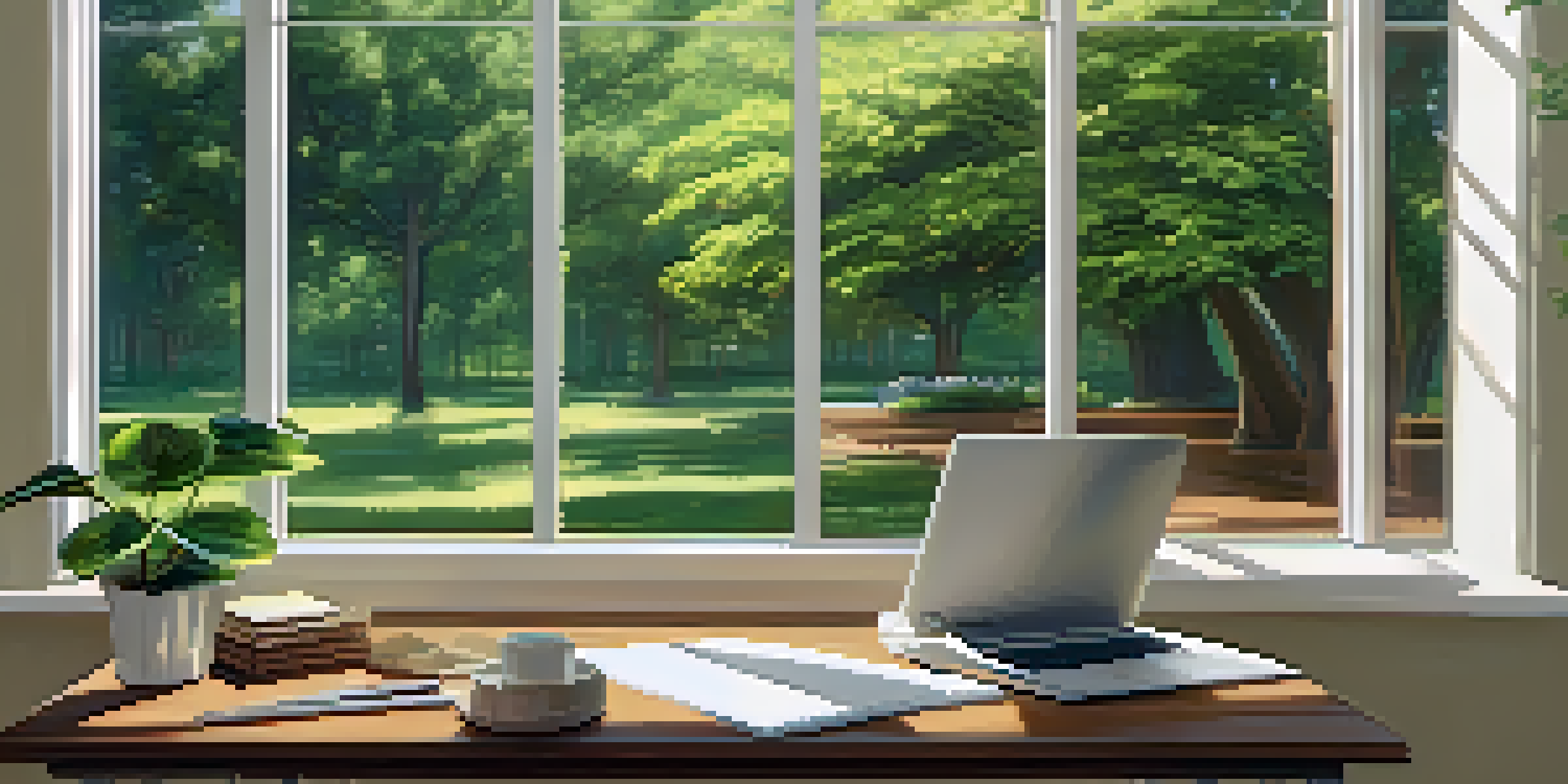 A bright and inviting office workspace featuring a laptop, notepad, and coffee cup, with a view of a green tree outside the window.