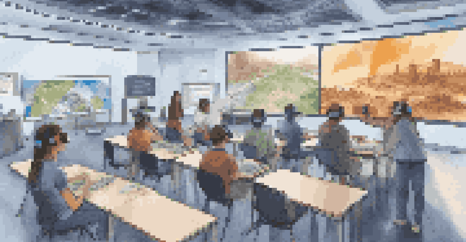 Students in a virtual reality classroom experiencing a simulation of climate change impacts, wearing VR headsets and surrounded by technology.
