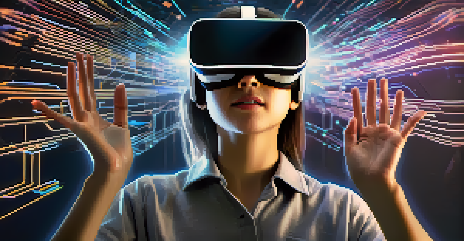 A student wearing a VR headset, interacting with 3D coding elements in a futuristic virtual environment.