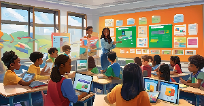 A classroom with diverse students learning about digital literacy and financial education, with a teacher at the smartboard.