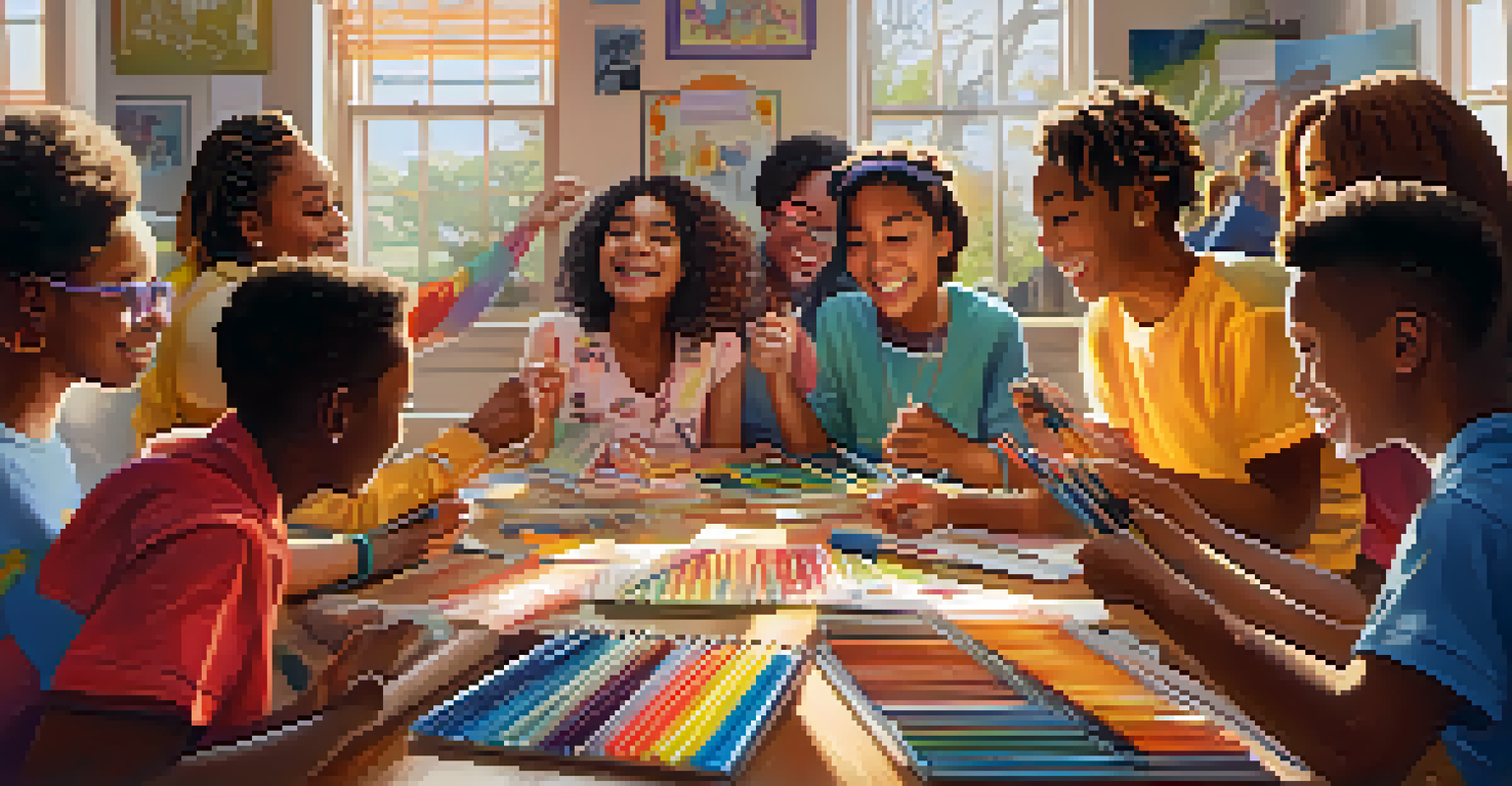 A diverse group of students joyfully celebrating after completing a project, surrounded by art supplies in a bright classroom.