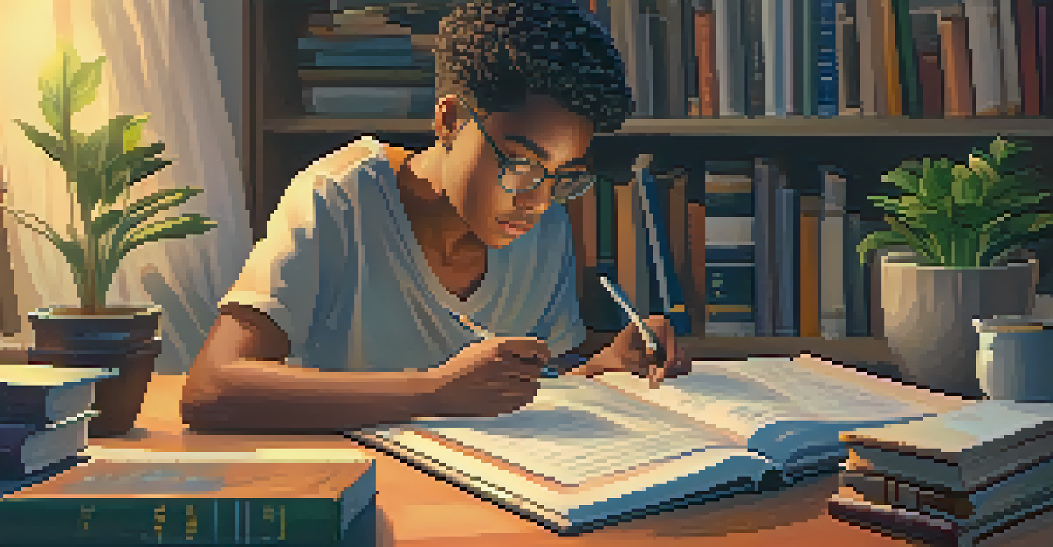 A student sitting at a desk at home, using a tablet to watch an educational video, with books and notes scattered around in a cozy study setting.