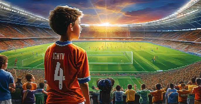 A young soccer player observing a professional match in a vibrant stadium filled with fans.