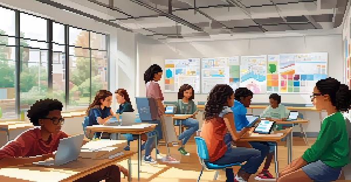 A bright classroom filled with diverse students using laptops and tablets for blended assessments, with a teacher assisting them.