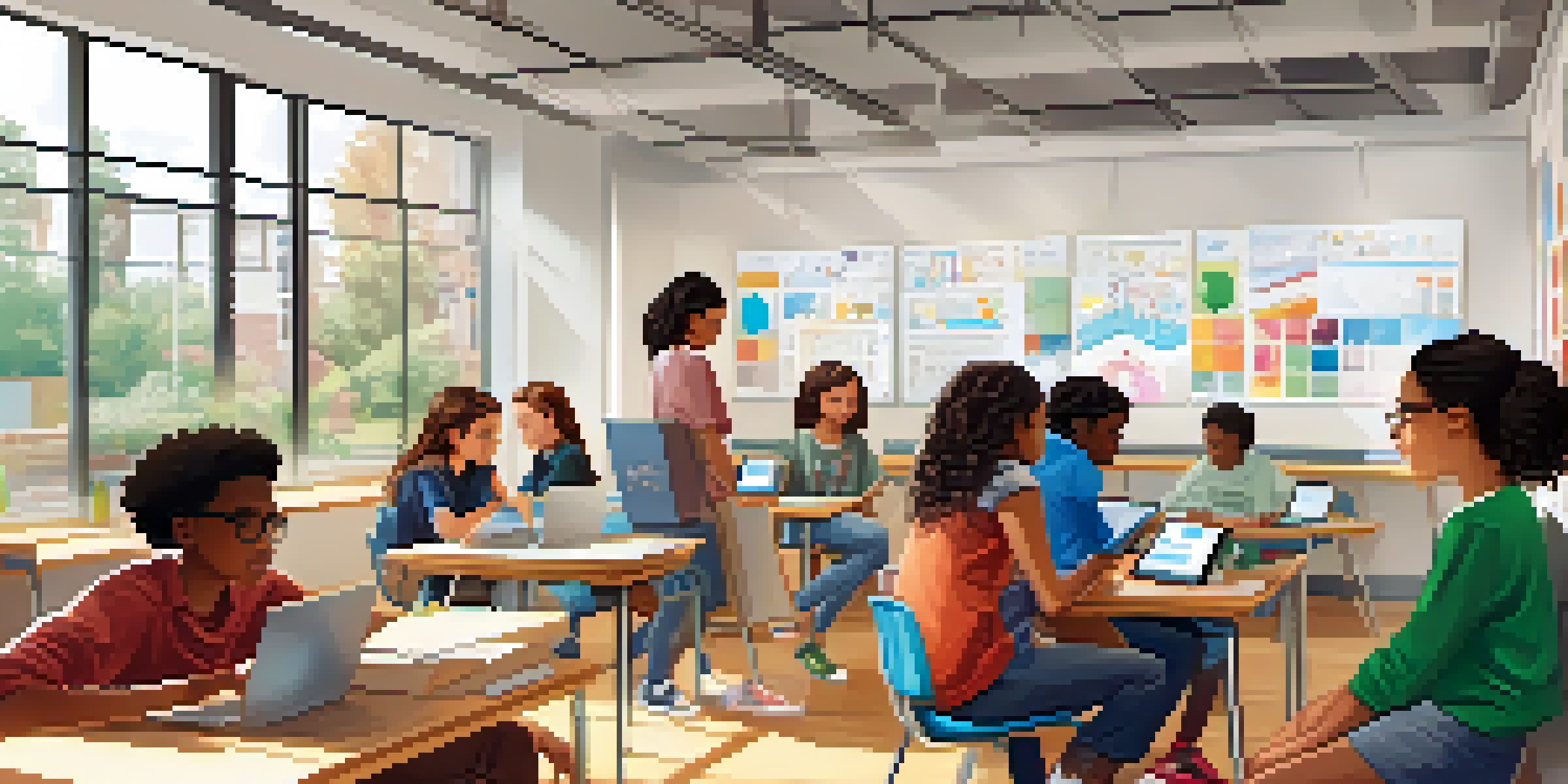 A bright classroom filled with diverse students using laptops and tablets for blended assessments, with a teacher assisting them.