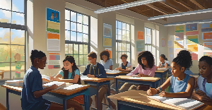 A diverse group of students studying together in a bright classroom, representing inclusivity in education.