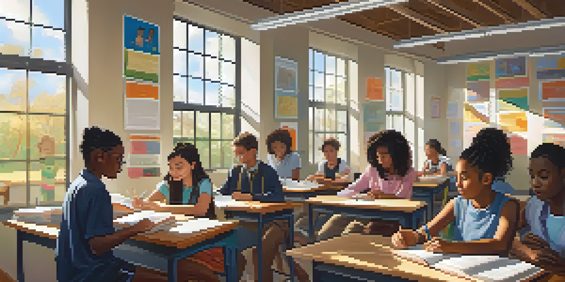 A diverse group of students studying together in a bright classroom, representing inclusivity in education.