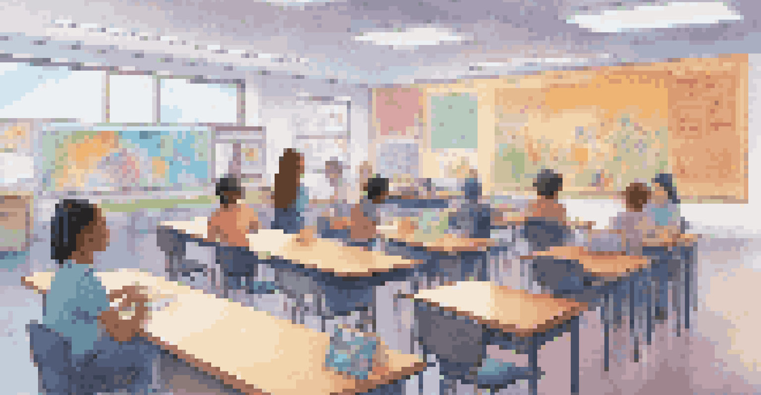 A friendly holographic AI assistant helping diverse students learn in a colorful classroom filled with educational posters.