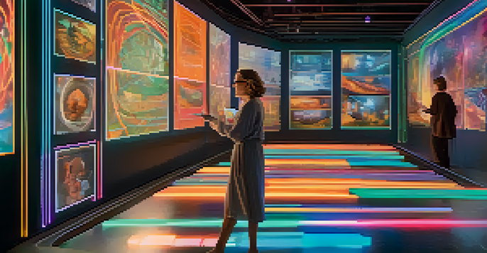 A digital storyteller engaging with illuminated screens that display various narrative paths, with colorful lines connecting them.