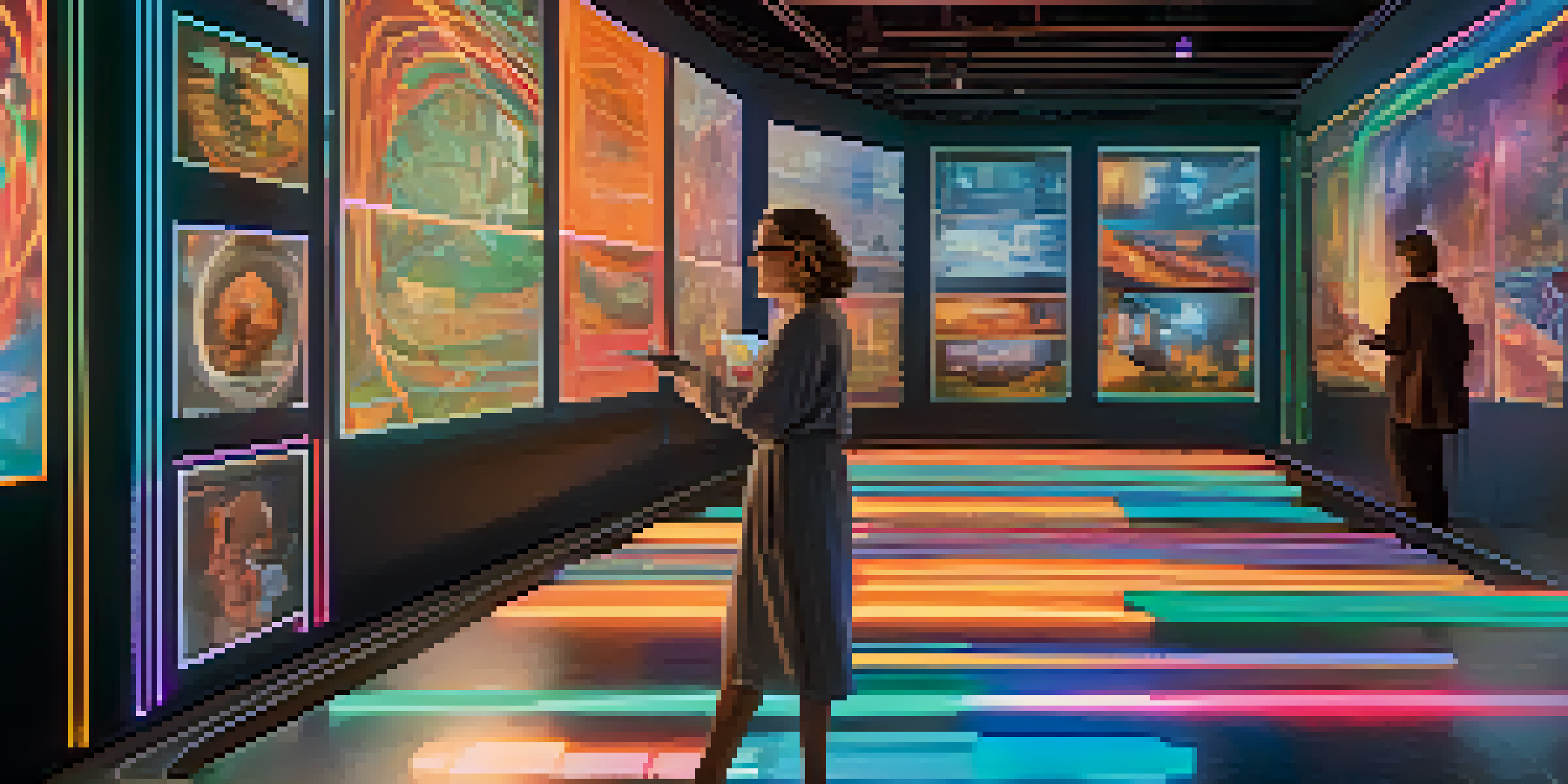 A digital storyteller engaging with illuminated screens that display various narrative paths, with colorful lines connecting them.