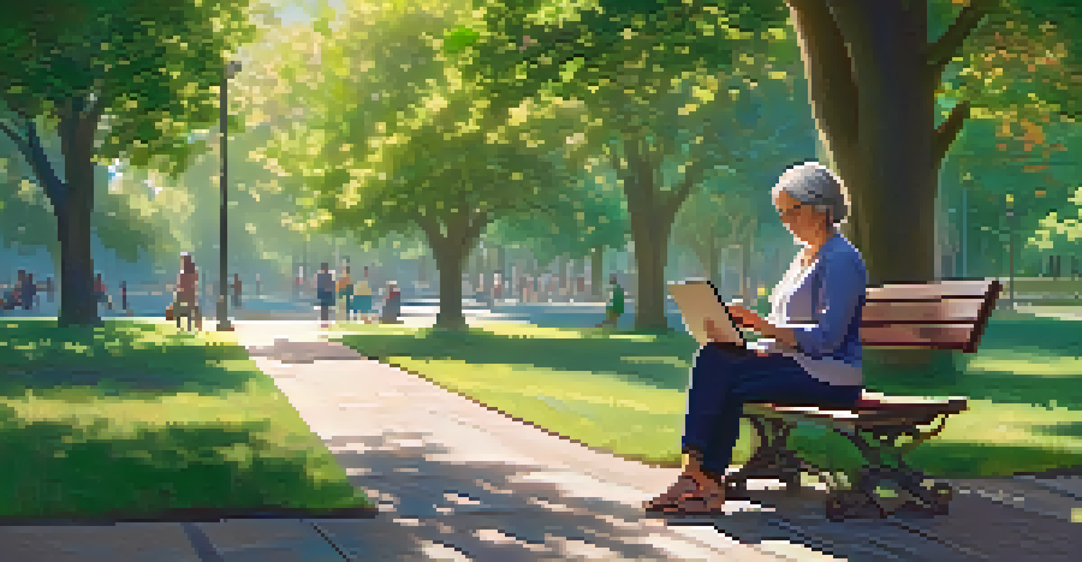 A middle-aged woman sitting on a park bench, using a tablet for learning, surrounded by greenery and colorful flowers.