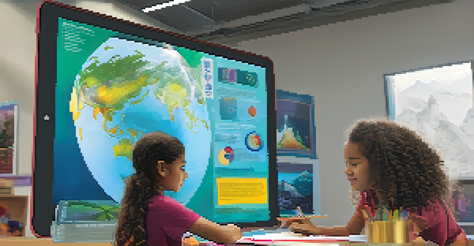 A young girl interacting with a tablet displaying colorful infographics about climate change, with a globe and science books on her desk.