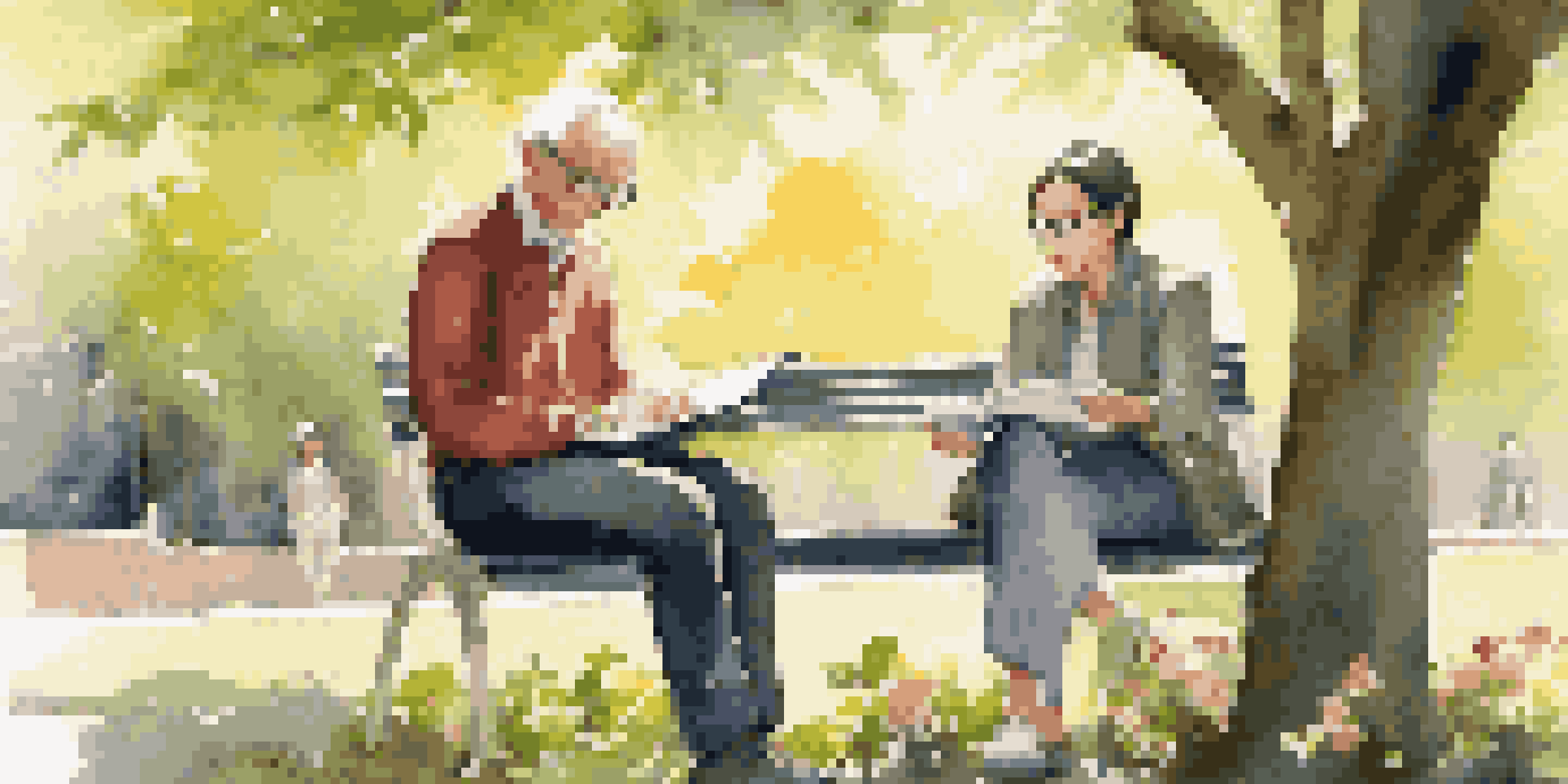 A mentor and a student sitting on a bench in a park, engaging in a discussion. The scene is bright and filled with blooming flowers.
