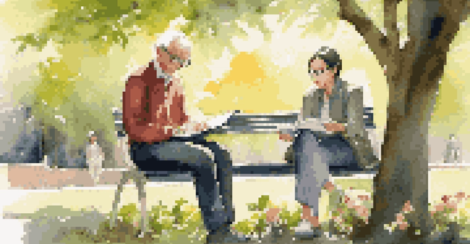 A mentor and a student sitting on a bench in a park, engaging in a discussion. The scene is bright and filled with blooming flowers.