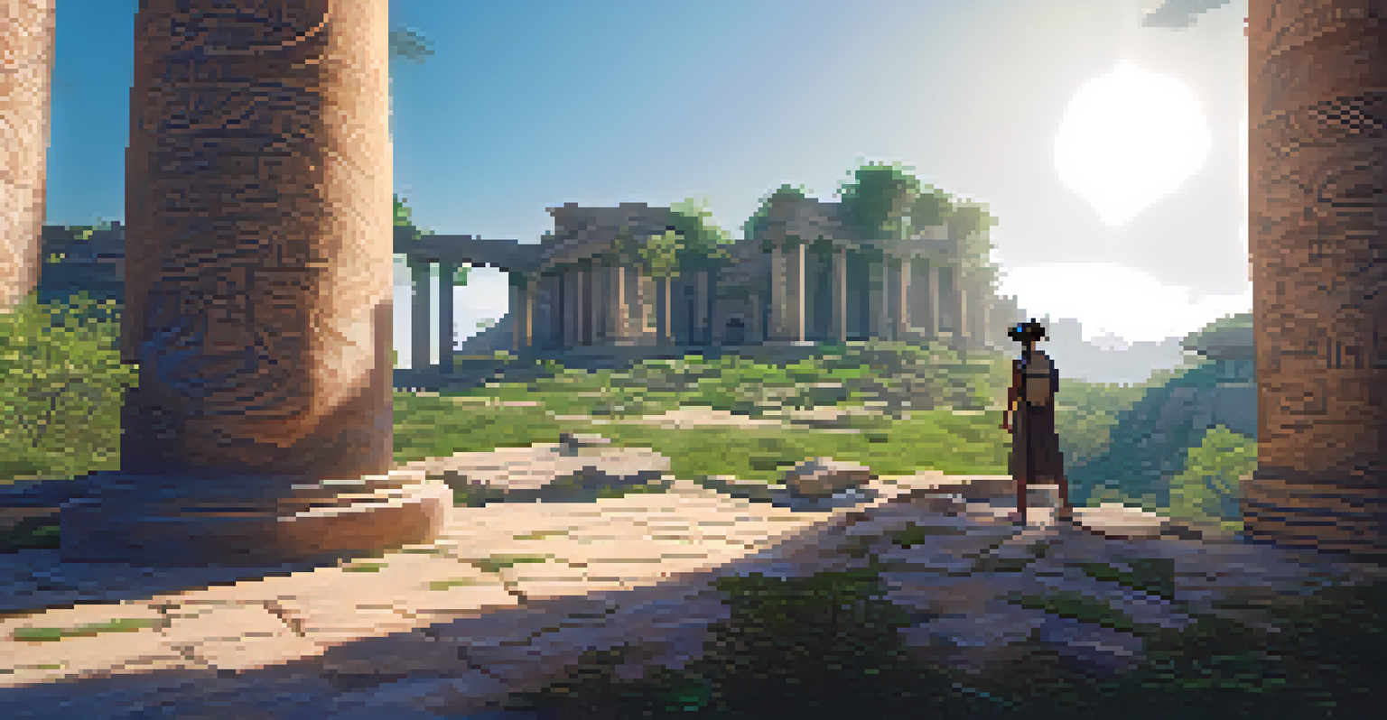 A person wearing a VR headset interacting with a virtual ancient civilization, surrounded by detailed stone structures and greenery under a clear sky.