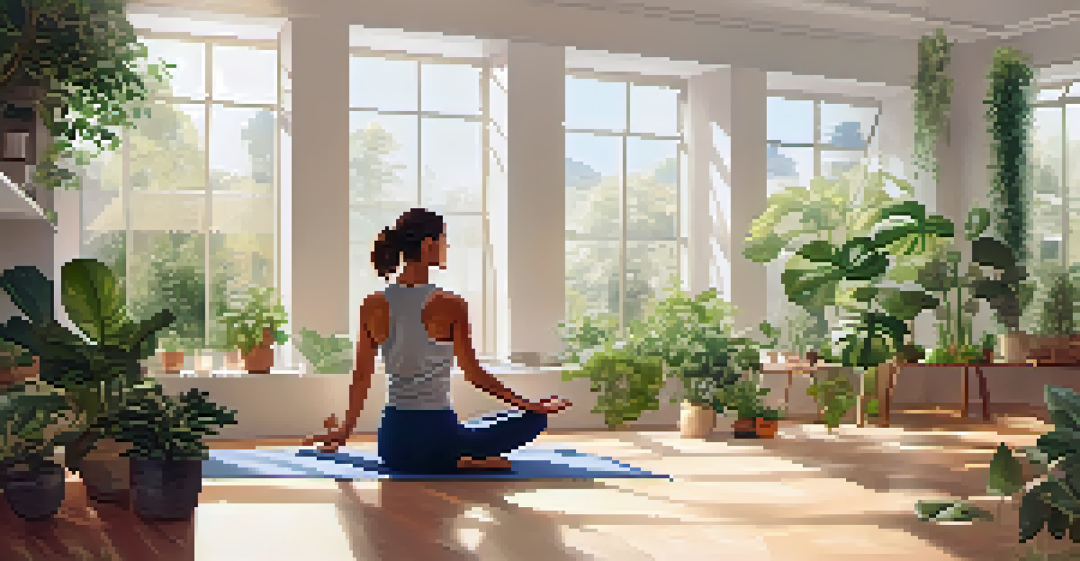 A serene workspace where a person practices yoga, showcasing a healthy work-life balance in a bright, inviting environment.